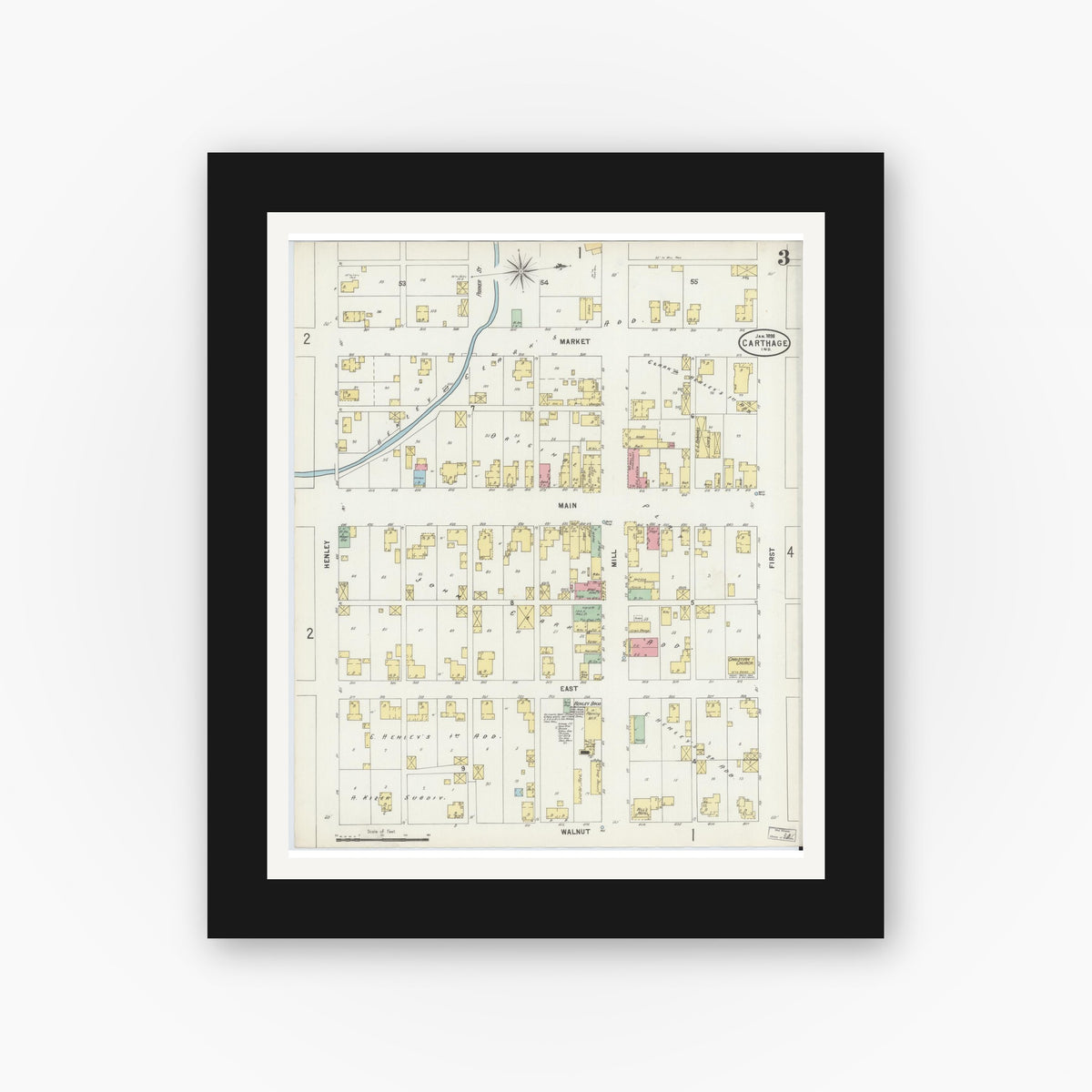Old map wall art mockup — black gallery frame with white mat — Sanborn Fire Insurance Map from Carthage, Rush County, Indiana (1898), Sheet #0003