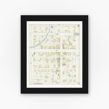 Old map wall art mockup — black gallery frame with white mat — Sanborn Fire Insurance Map from Carthage, Rush County, Indiana (1898), Sheet #0003