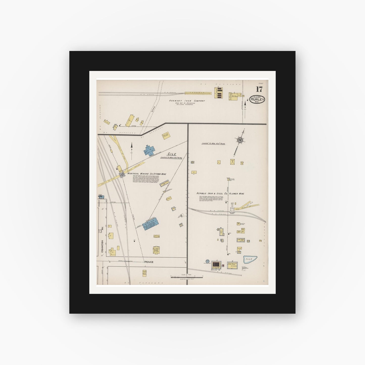 Old map wall art mockup — black gallery frame with white mat — Sanborn Fire Insurance Map from Hurley, Iron County, Wisconsin (1922), Sheet #0017