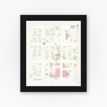 Old map wall art mockup — black gallery frame with white mat — Sanborn Fire Insurance Map from Perry, Dallas County, Iowa (1900), Sheet #0002