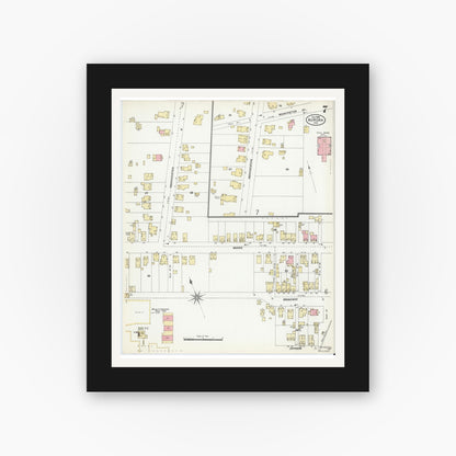 Old map wall art mockup — black gallery frame with white mat — Sanborn Fire Insurance Map from Aurora, Dearborn County, Indiana (1906), Sheet #0007