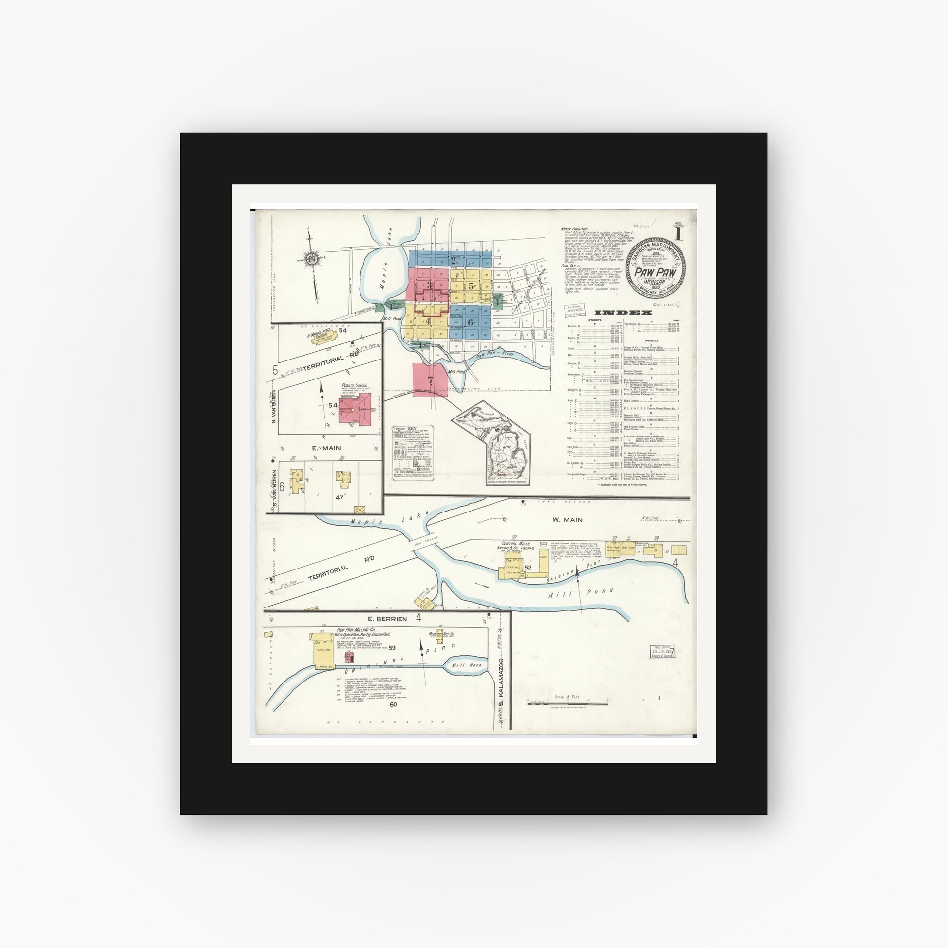 Old map wall art mockup — black gallery frame with white mat — Sanborn Fire Insurance Map from Paw Paw, Van Buren County, Michigan (1922) - Complete Map Set