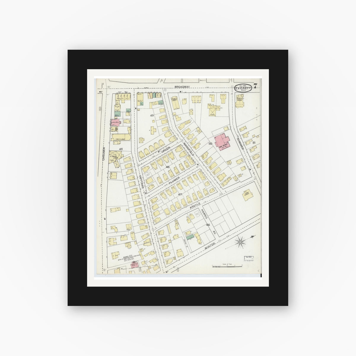 Old map wall art mockup — black gallery frame with white mat — Sanborn Fire Insurance Map from Everett, Middlesex County, Massachusetts (1892), Sheet #0007