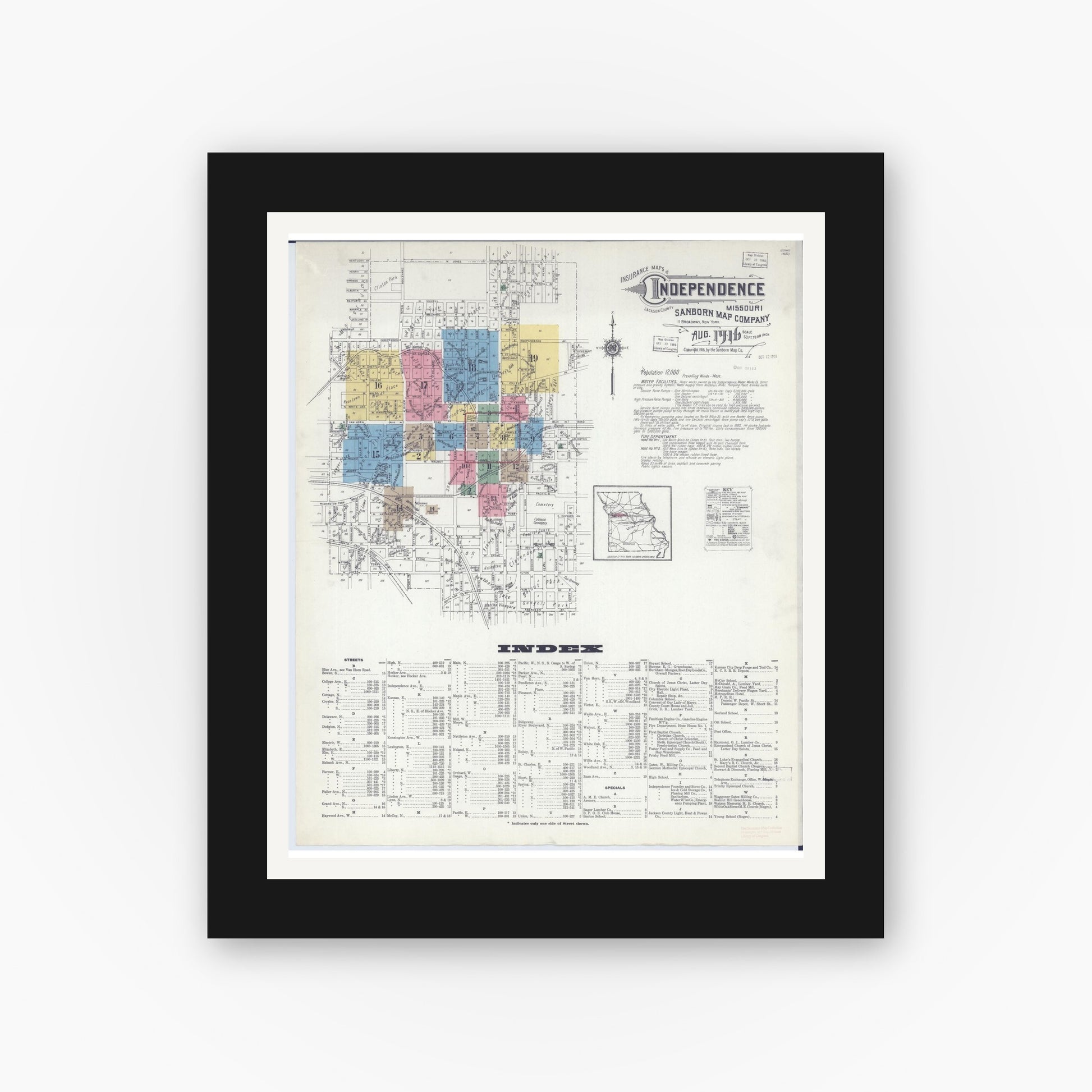 Old map wall art mockup — black gallery frame with white mat — Sanborn Fire Insurance Map from Independence, Jackson County, Missouri (1916), Sheet #0001