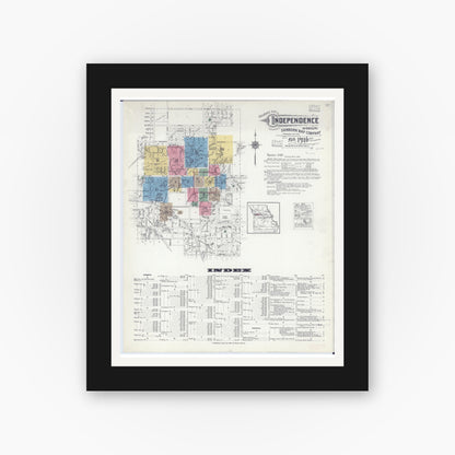 Old map wall art mockup — black gallery frame with white mat — Sanborn Fire Insurance Map from Independence, Jackson County, Missouri (1916), Sheet #0001
