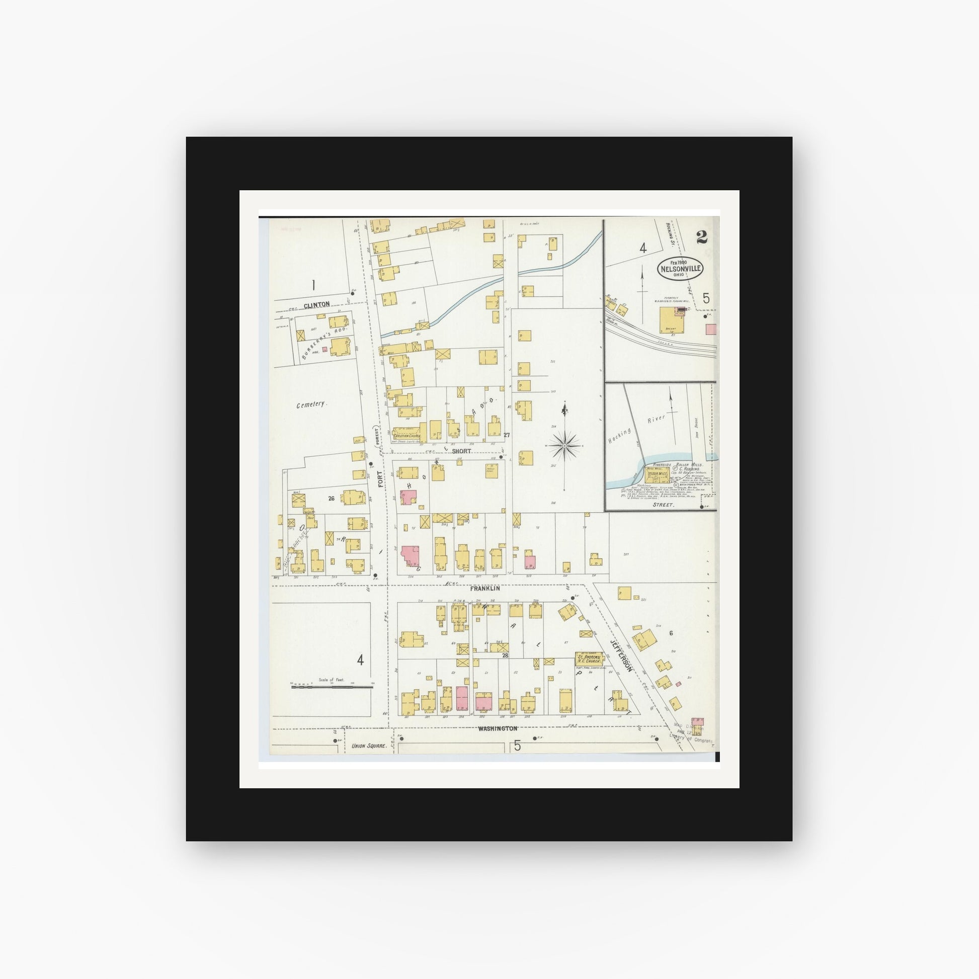 Old map wall art mockup — black gallery frame with white mat — Sanborn Fire Insurance Map from Nelsonville, Athens County, Ohio (1900), Sheet #0002