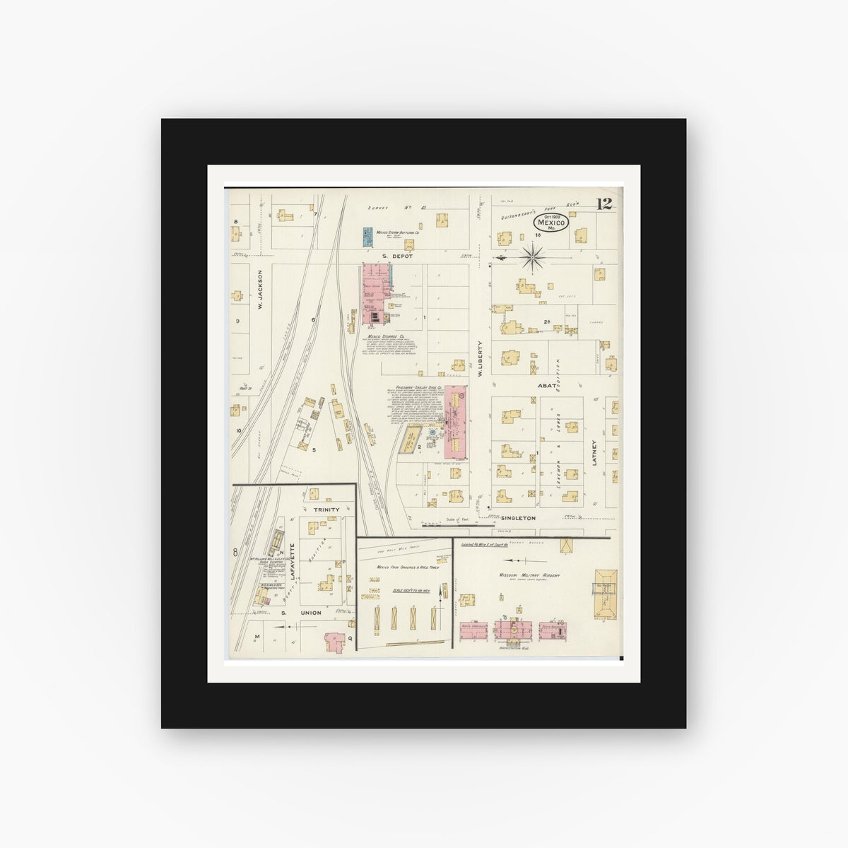 Old map wall art mockup — black gallery frame with white mat — Sanborn Fire Insurance Map from Mexico, Audrain County, Missouri (1908), Sheet #0012