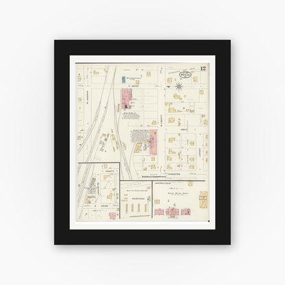 Old map wall art mockup — black gallery frame with white mat — Sanborn Fire Insurance Map from Mexico, Audrain County, Missouri (1908), Sheet #0012