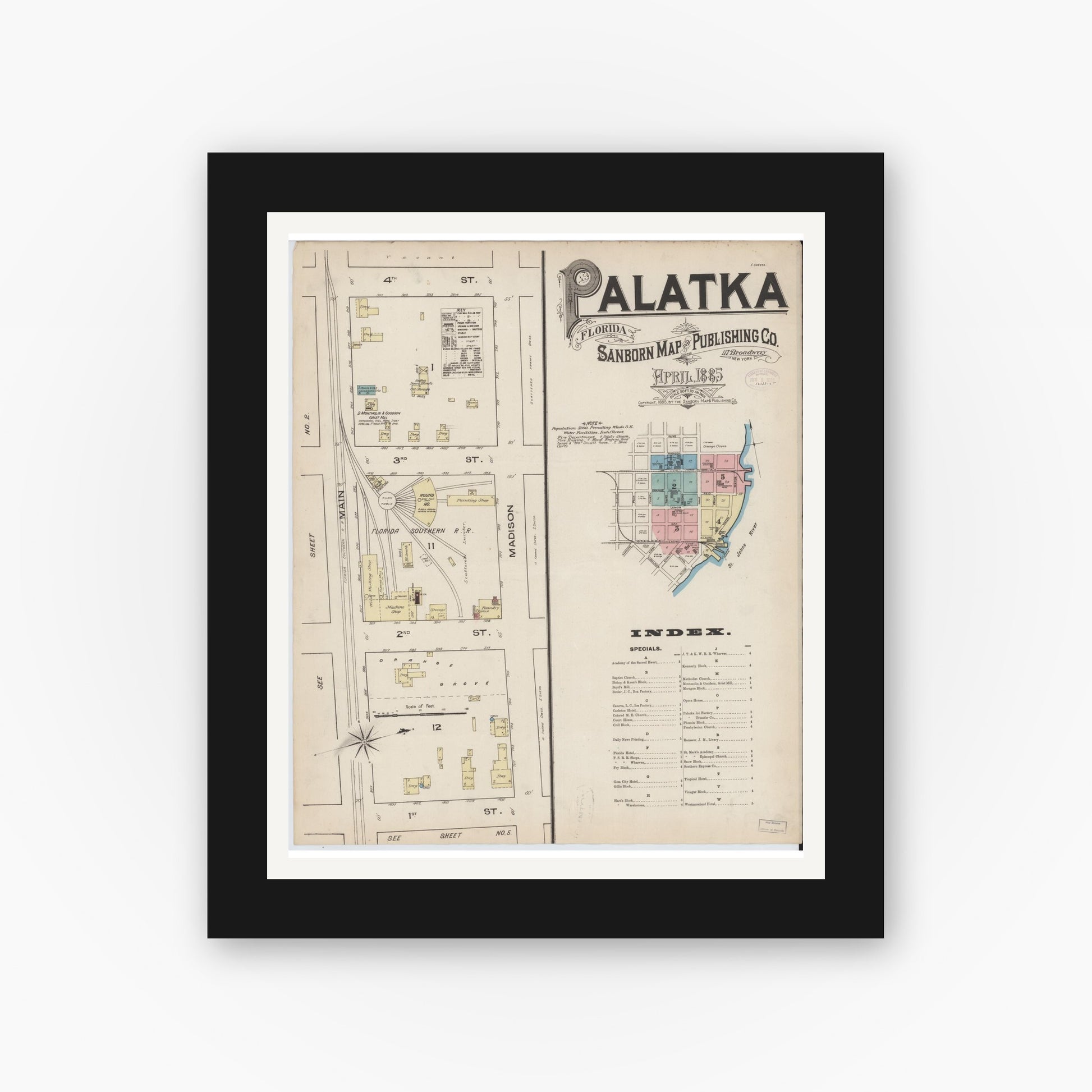 Old map wall art mockup — black gallery frame with white mat — Sanborn Fire Insurance Map from Palatka, Putnam County, Florida (1885), Sheet #0001