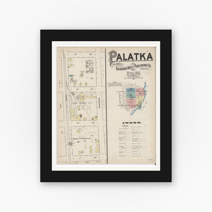 Old map wall art mockup — black gallery frame with white mat — Sanborn Fire Insurance Map from Palatka, Putnam County, Florida (1885), Sheet #0001