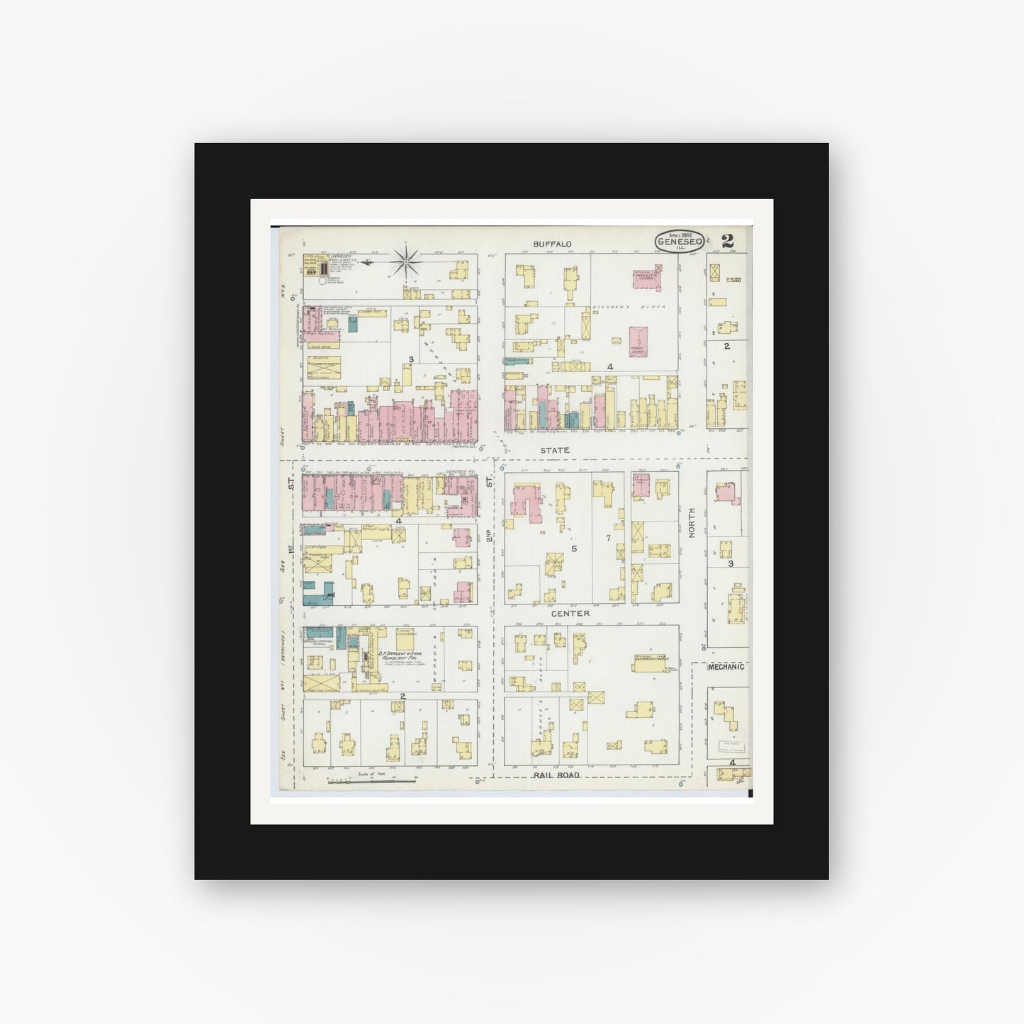 Old map wall art mockup — black gallery frame with white mat — Sanborn Fire Insurance Map from Geneseo, Henry County, Illinois (1892), Sheet #0002