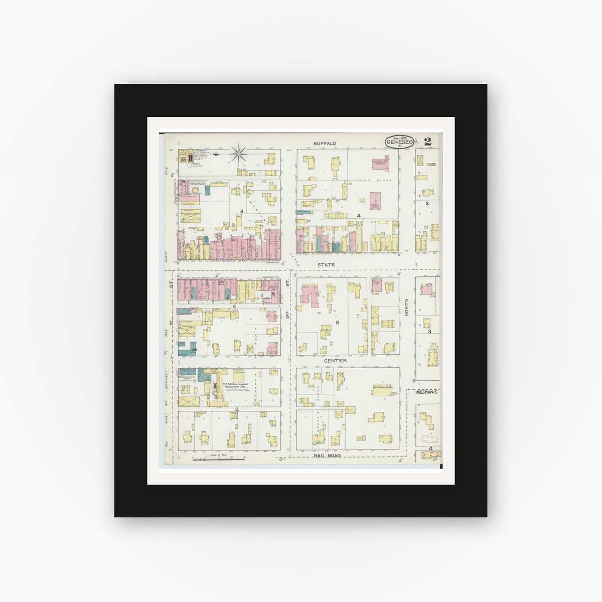 Old map wall art mockup — black gallery frame with white mat — Sanborn Fire Insurance Map from Geneseo, Henry County, Illinois (1892), Sheet #0002