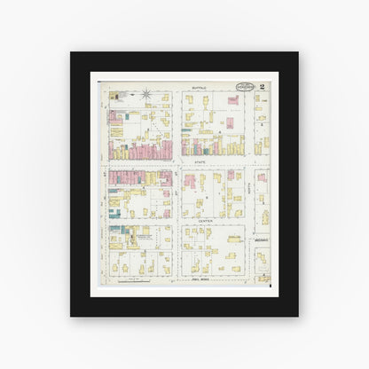 Old map wall art mockup — black gallery frame with white mat — Sanborn Fire Insurance Map from Geneseo, Henry County, Illinois (1892), Sheet #0002