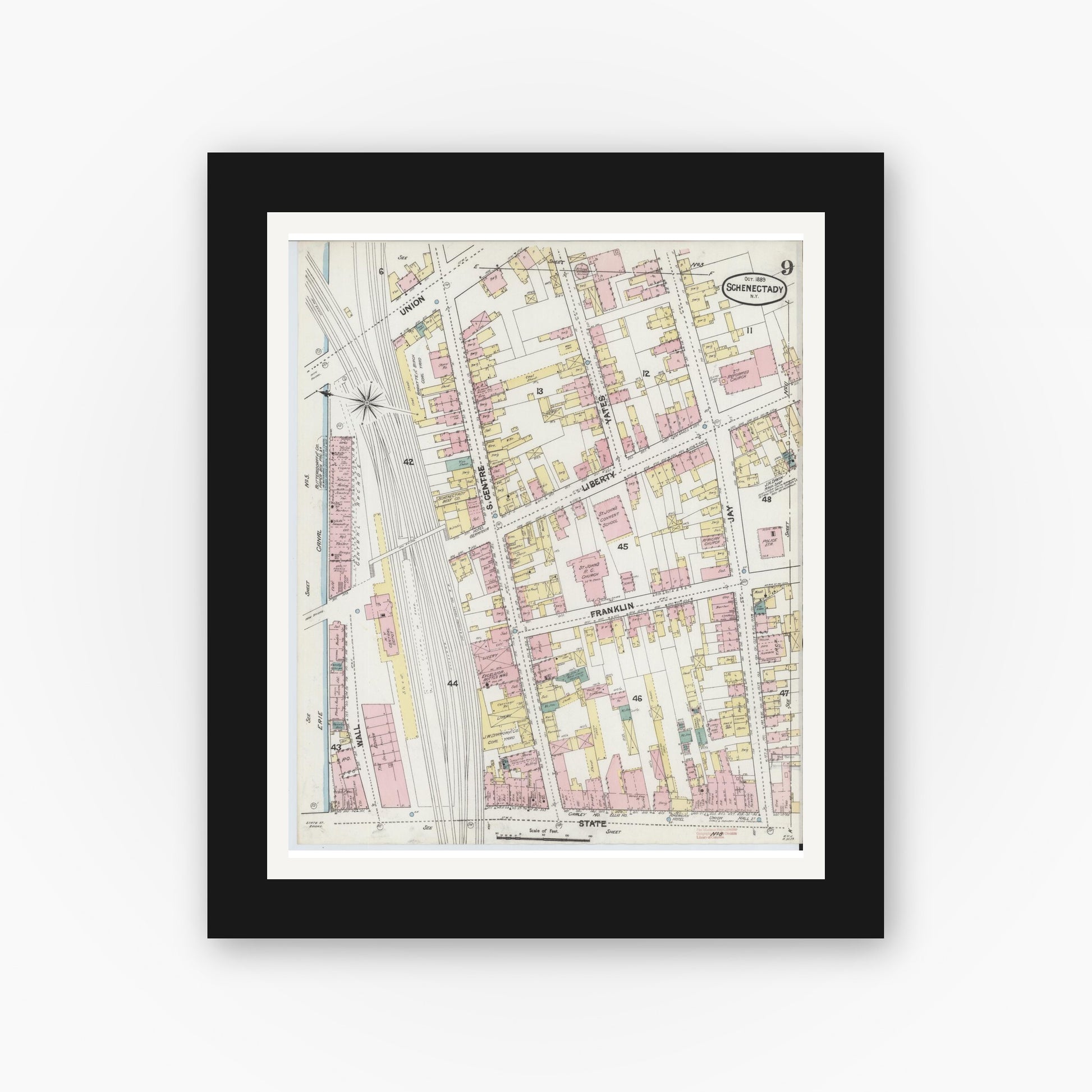 Old map wall art mockup — black gallery frame with white mat — Sanborn Fire Insurance Map from Schenectady, Schenectady County, New York (1889), Sheet #0009