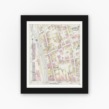 Old map wall art mockup — black gallery frame with white mat — Sanborn Fire Insurance Map from Schenectady, Schenectady County, New York (1889), Sheet #0009