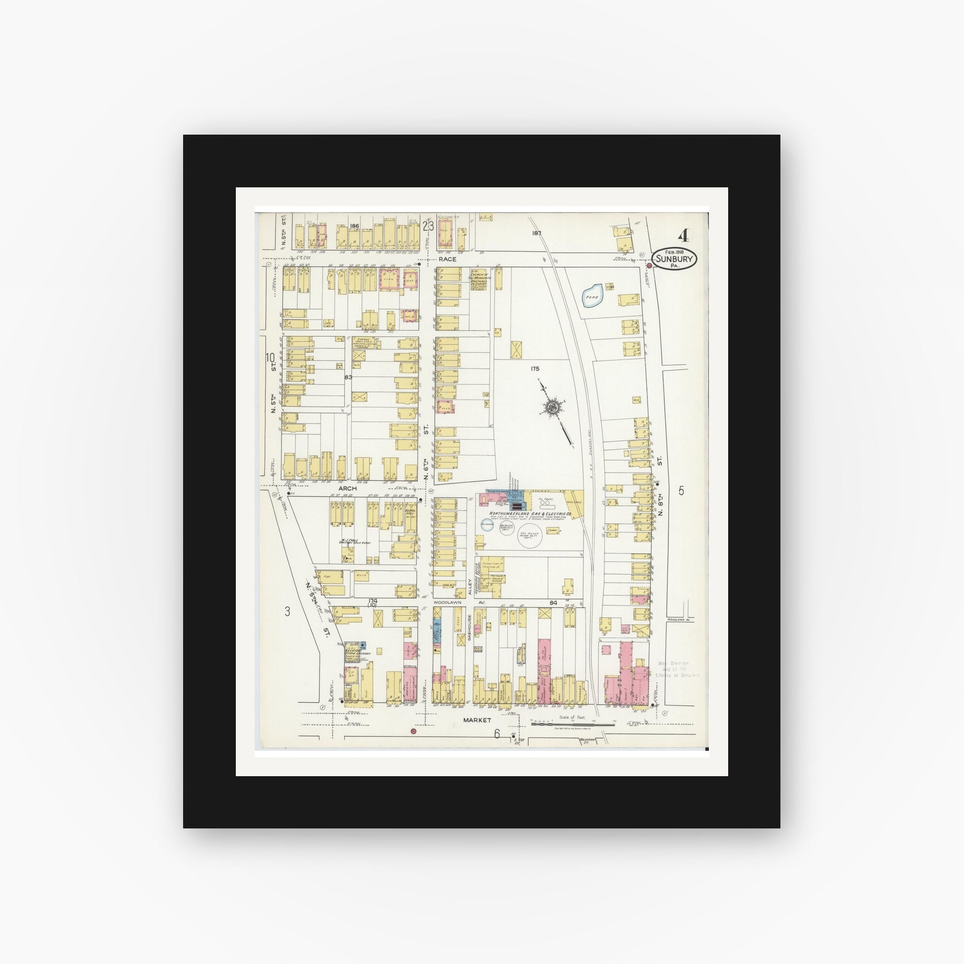 Old map wall art mockup — black gallery frame with white mat — Sanborn Fire Insurance Map from Sunbury, Northumberland County, Pennsylvania (1918), Sheet #0004