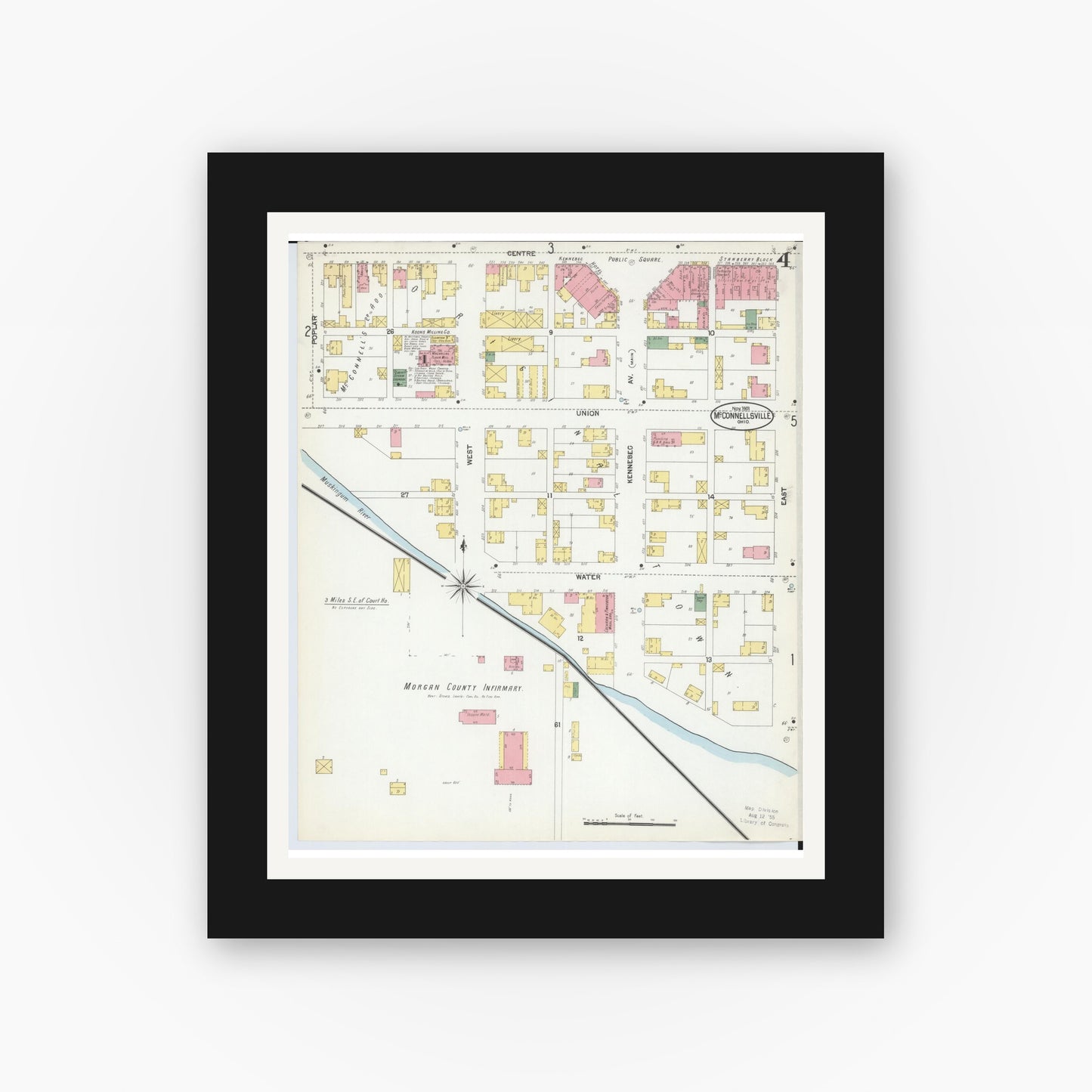 Old map wall art mockup — black gallery frame with white mat — Sanborn Fire Insurance Map from McConnelsville, Morgan County, Ohio (1901), Sheet #0004