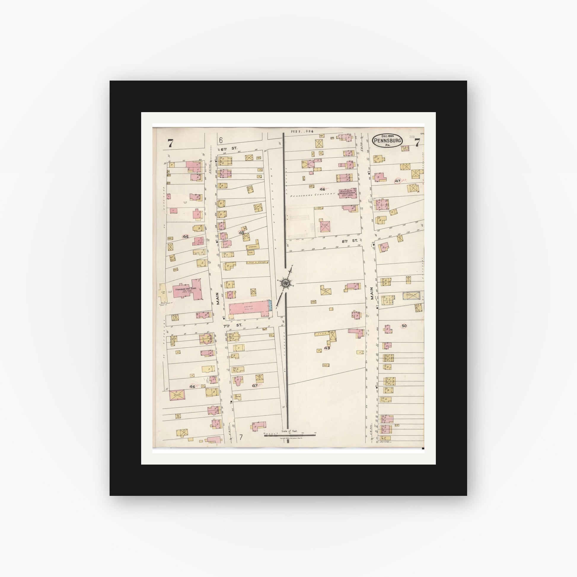 Old map wall art mockup — black gallery frame with white mat — Sanborn Fire Insurance Map from Pennsburg, Montgomery County, Pennsylvania (1933), Sheet #0007