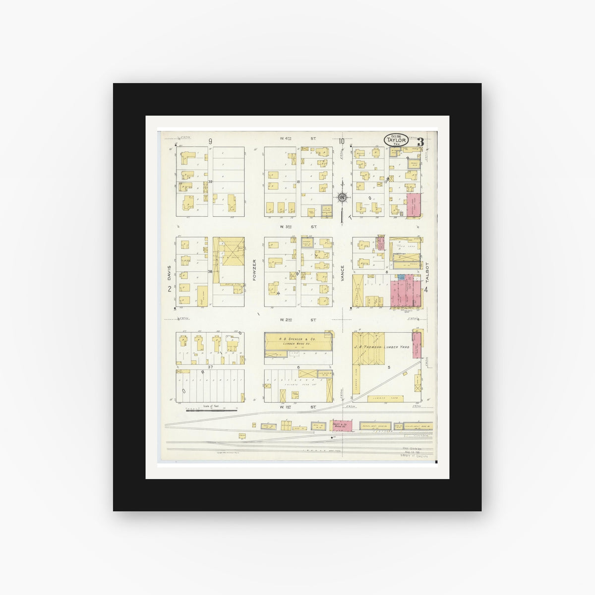 Old map wall art mockup — black gallery frame with white mat — Sanborn Fire Insurance Map from Taylor, Williamson County, Texas (1916), Sheet #0003