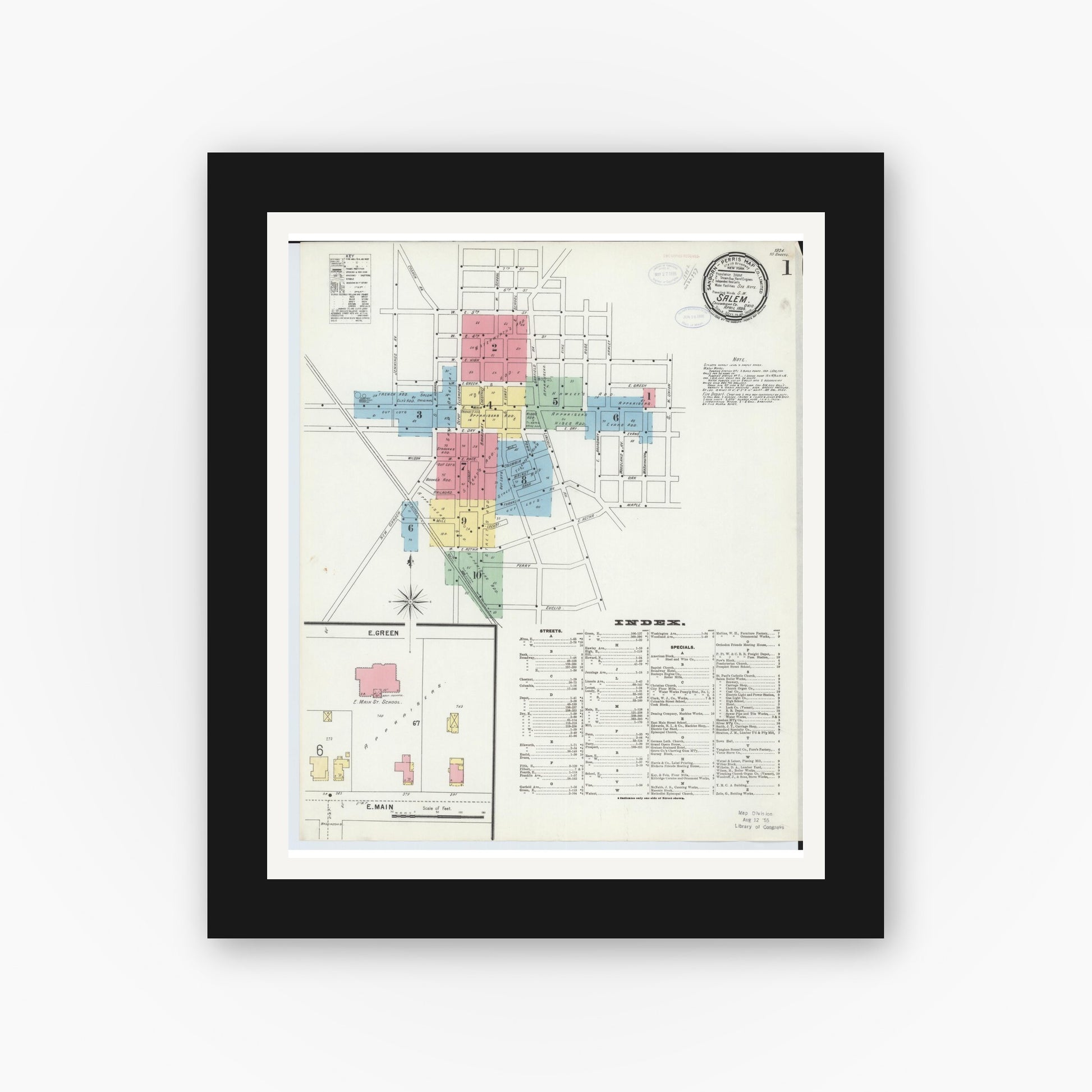 Old map wall art mockup — black gallery frame with white mat — Sanborn Fire Insurance Map from Salem, Columbiana County, Ohio (1898), Sheet #0001