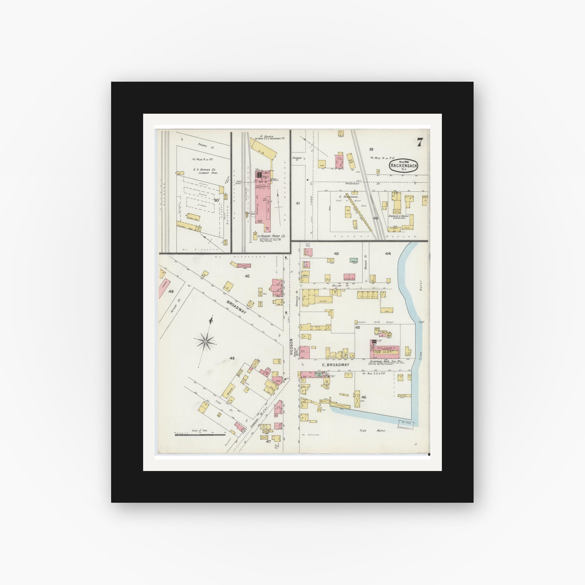 Old map wall art mockup — black gallery frame with white mat — Sanborn Fire Insurance Map from Hackensack, Bergen County, New Jersey (1896), Sheet #0007