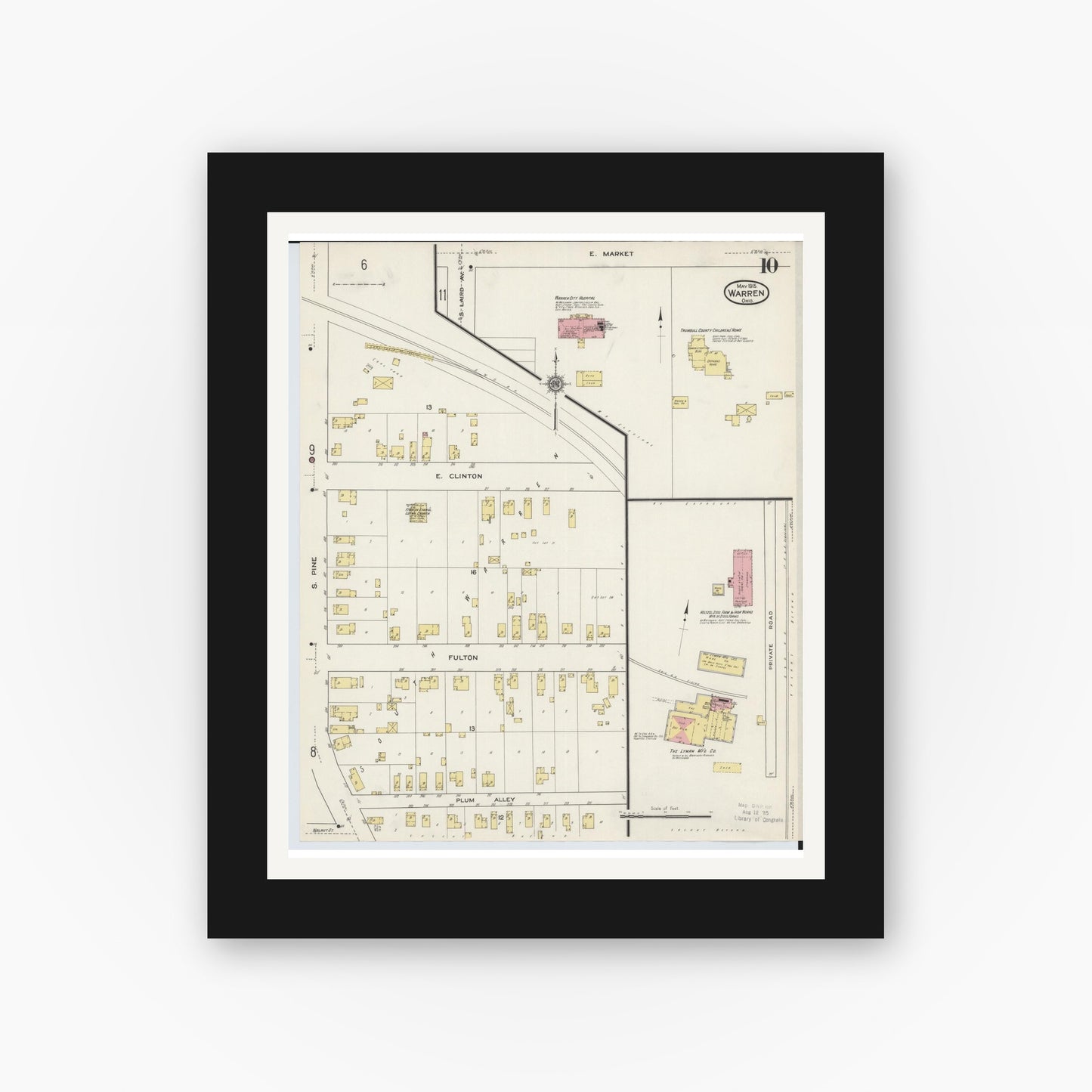 Old map wall art mockup — black gallery frame with white mat — Sanborn Fire Insurance Map from Warren, Trumbull County, Ohio (1915), Sheet #0010