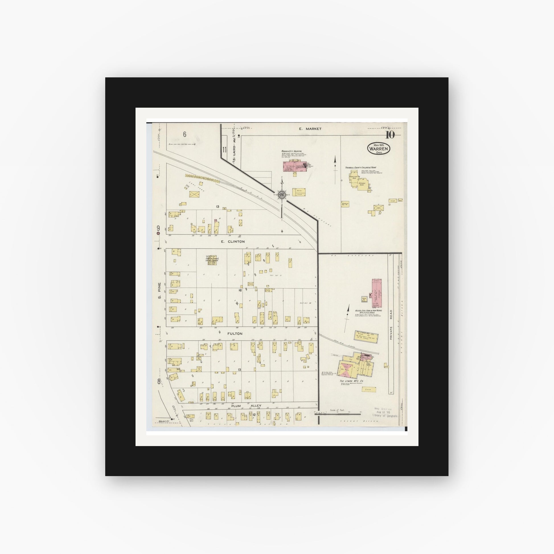 Old map wall art mockup — black gallery frame with white mat — Sanborn Fire Insurance Map from Warren, Trumbull County, Ohio (1915), Sheet #0010