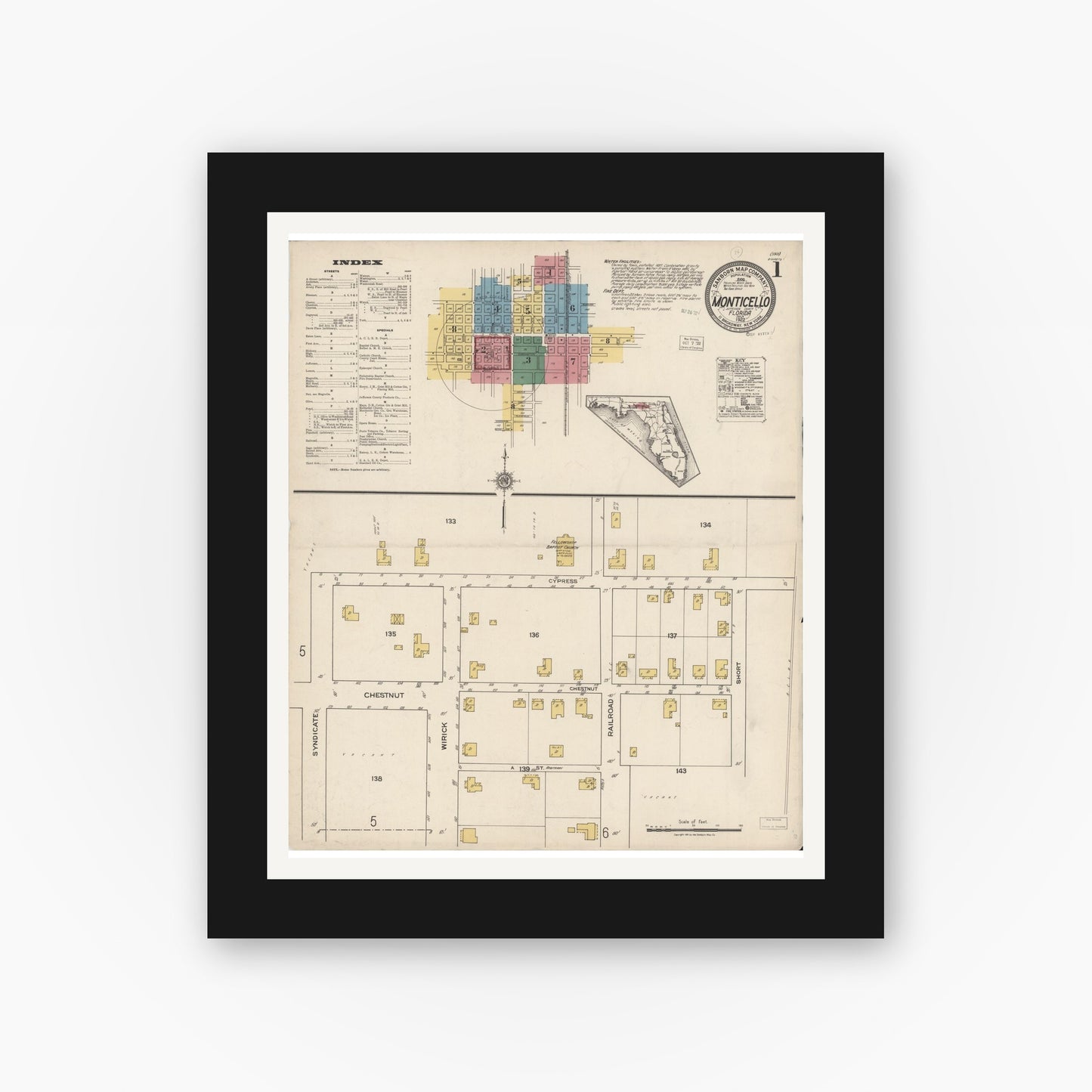 Old map wall art mockup — black gallery frame with white mat — Sanborn Fire Insurance Map from Monticello, Jefferson County, Florida (1922), Sheet #0001