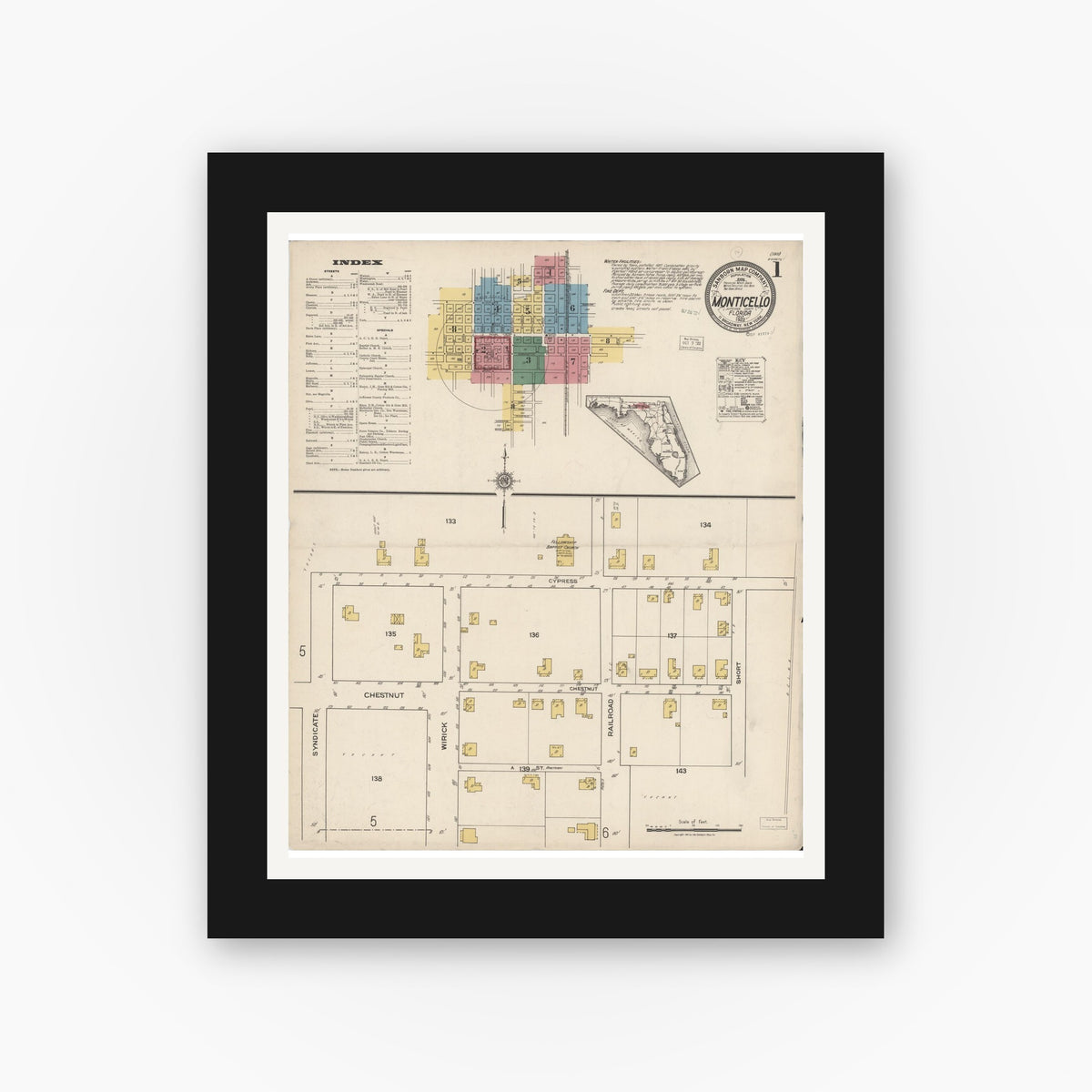 Old map wall art mockup — black gallery frame with white mat — Sanborn Fire Insurance Map from Monticello, Jefferson County, Florida (1922), Sheet #0001