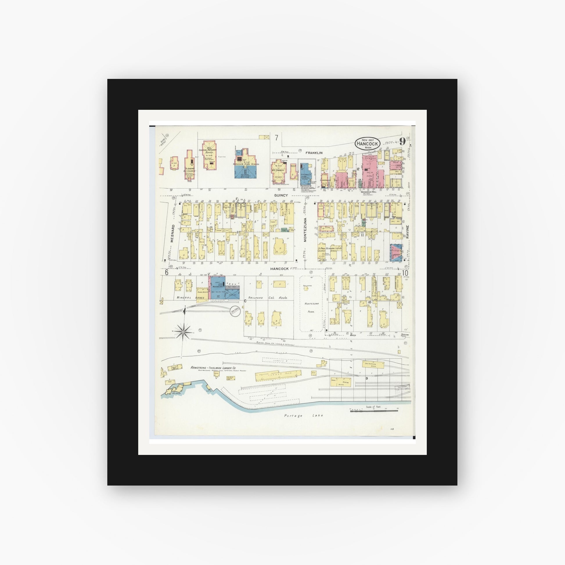 Old map wall art mockup — black gallery frame with white mat — Sanborn Fire Insurance Map from Hancock, Houghton County, Michigan (1907), Sheet #0009