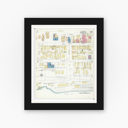 Old map wall art mockup — black gallery frame with white mat — Sanborn Fire Insurance Map from Hancock, Houghton County, Michigan (1907), Sheet #0009
