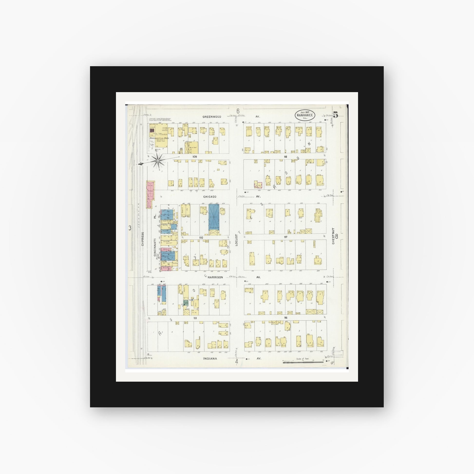Old map wall art mockup — black gallery frame with white mat — Sanborn Fire Insurance Map from Kankakee, Kankakee County, Illinois (1907), Sheet #0005