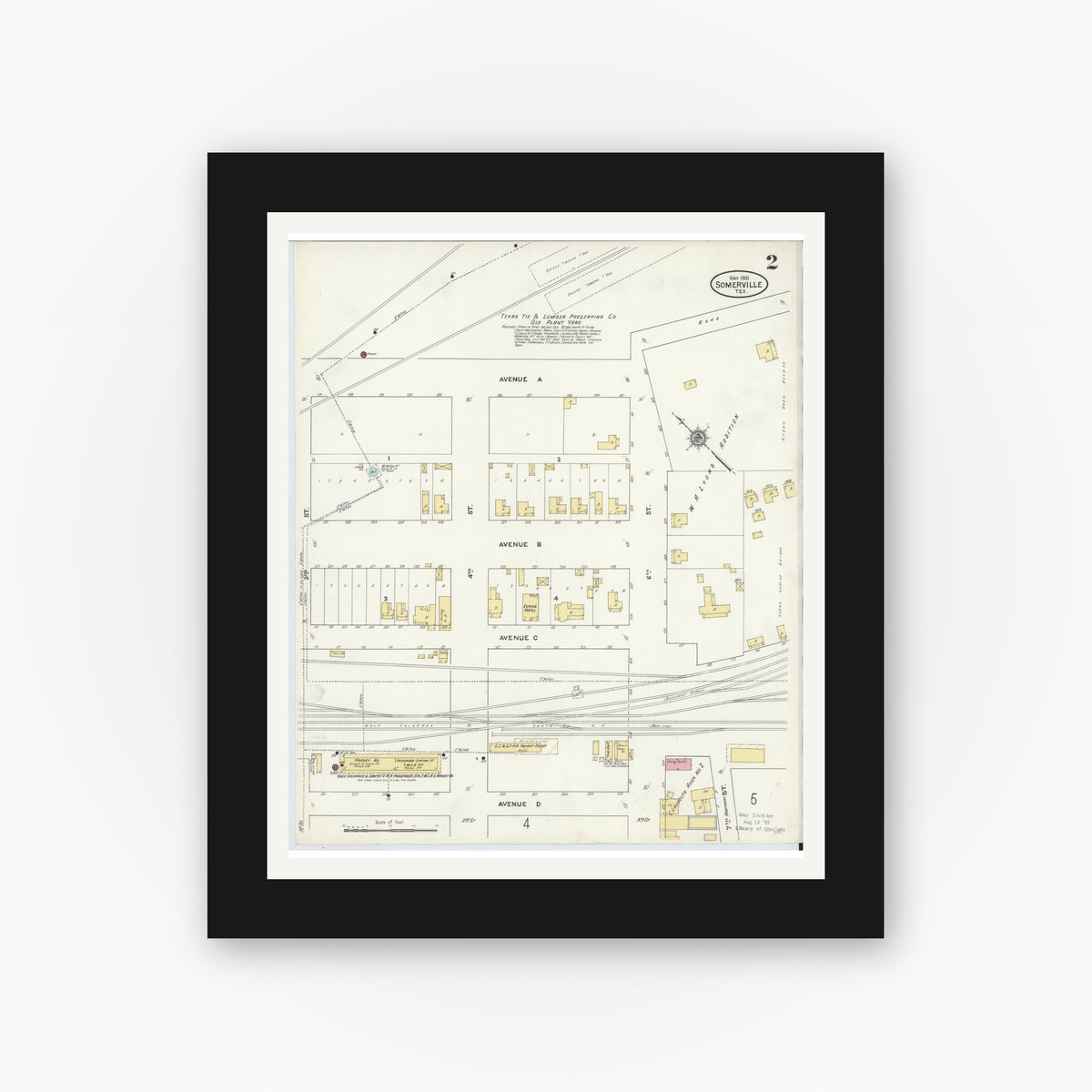 Old map wall art mockup — black gallery frame with white mat — Sanborn Fire Insurance Map from Somerville, Burleson County, Texas (1910), Sheet #0002