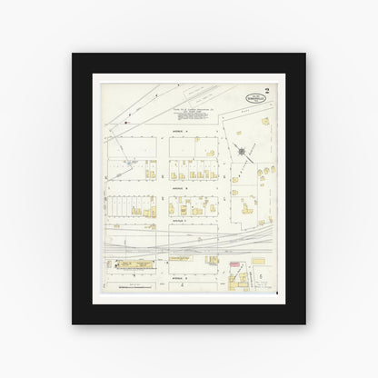 Old map wall art mockup — black gallery frame with white mat — Sanborn Fire Insurance Map from Somerville, Burleson County, Texas (1910), Sheet #0002