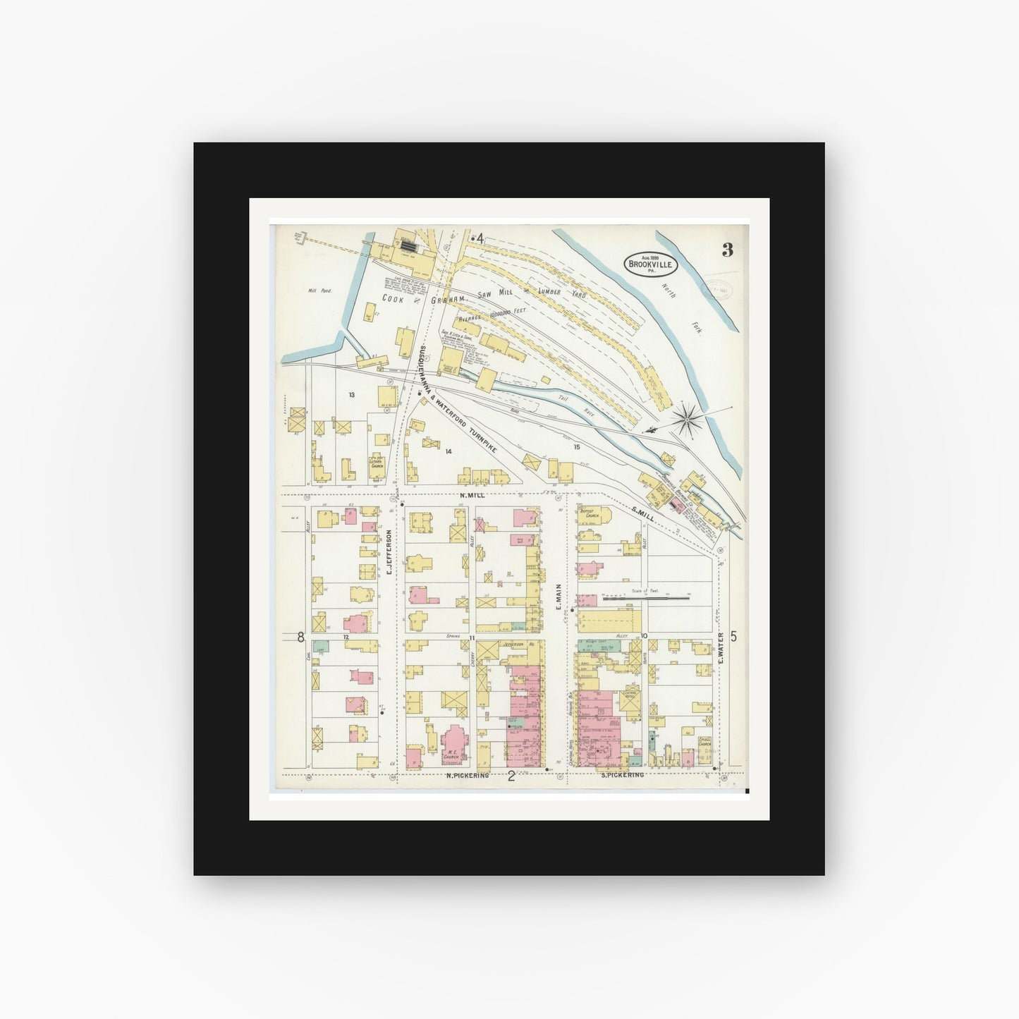 Old map wall art mockup — black gallery frame with white mat — Sanborn Fire Insurance Map from Brookville, Jefferson County, Pennsylvania (1899), Sheet #0003