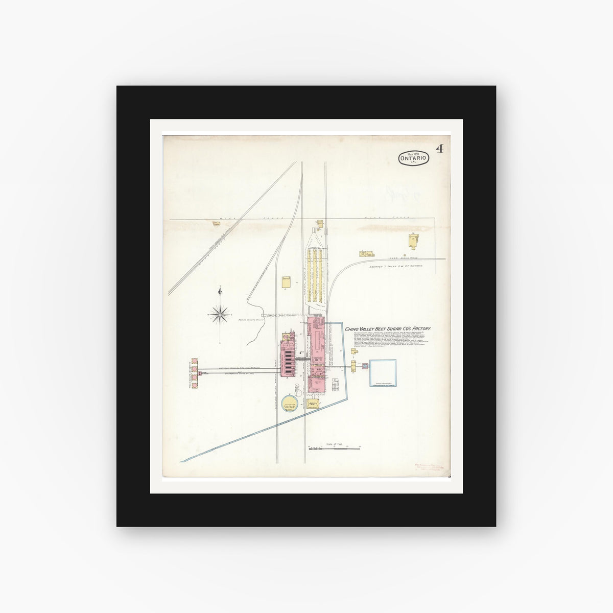Old map wall art mockup — black gallery frame with white mat — Sanborn Fire Insurance Map from Ontario, San Bernardino County, California (1893), Sheet #0004