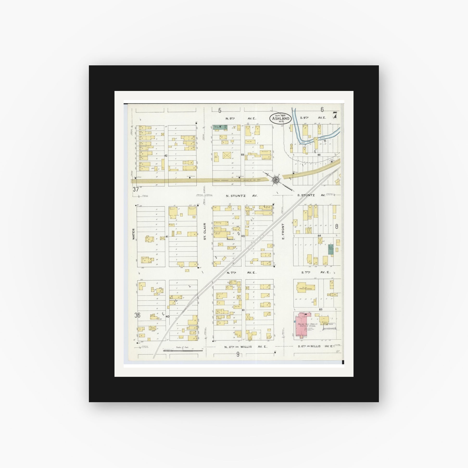 Old map wall art mockup — black gallery frame with white mat — Sanborn Fire Insurance Map from Ashland, Ashland County, Wisconsin (1909), Sheet #0007