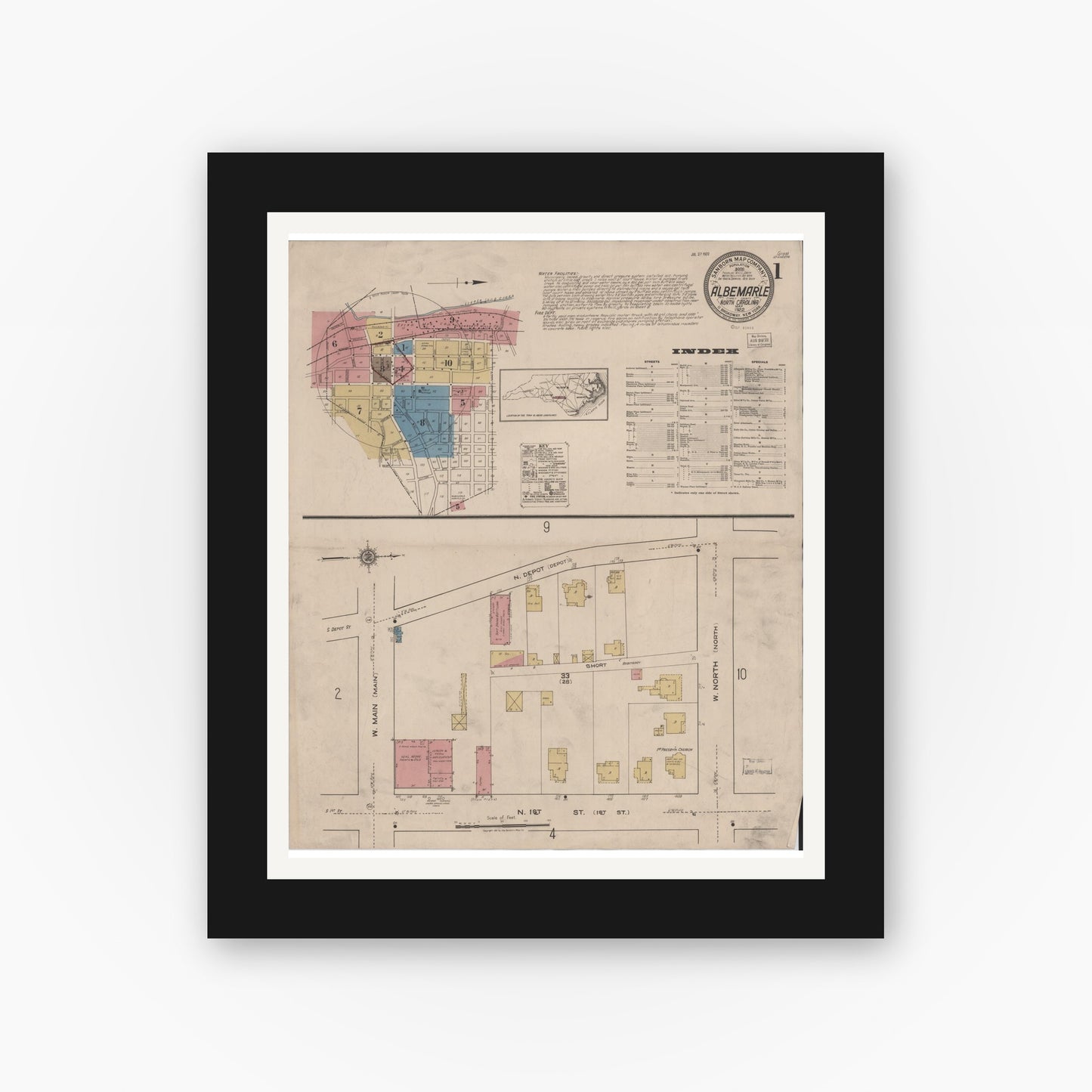 Old map wall art mockup — black gallery frame with white mat — Sanborn Fire Insurance Map from Albemarle, Stanley County, North Carolina (1922) - Complete Map Set