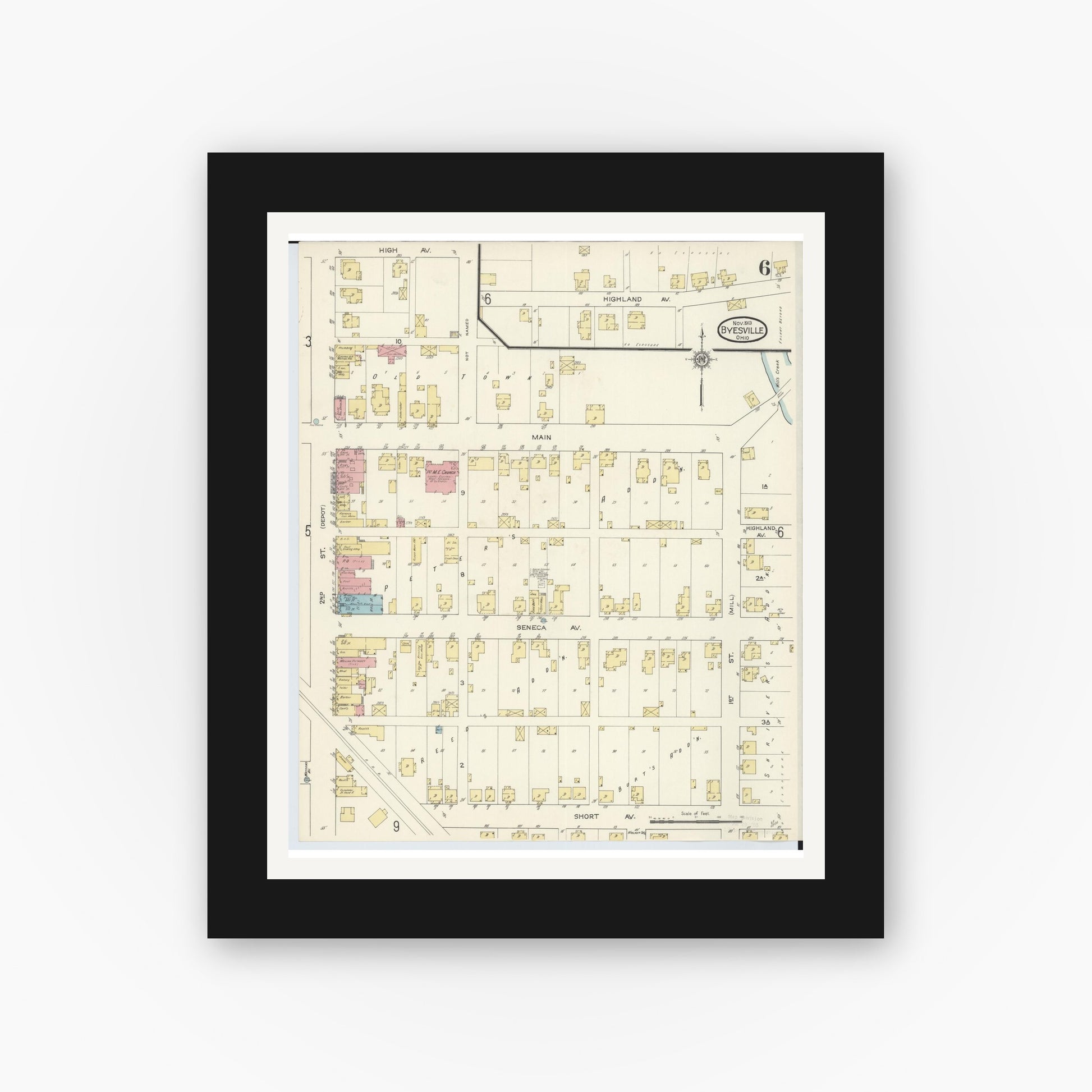 Old map wall art mockup — black gallery frame with white mat — Sanborn Fire Insurance Map from Byesville, Guernsey County, Ohio (1913), Sheet #0006