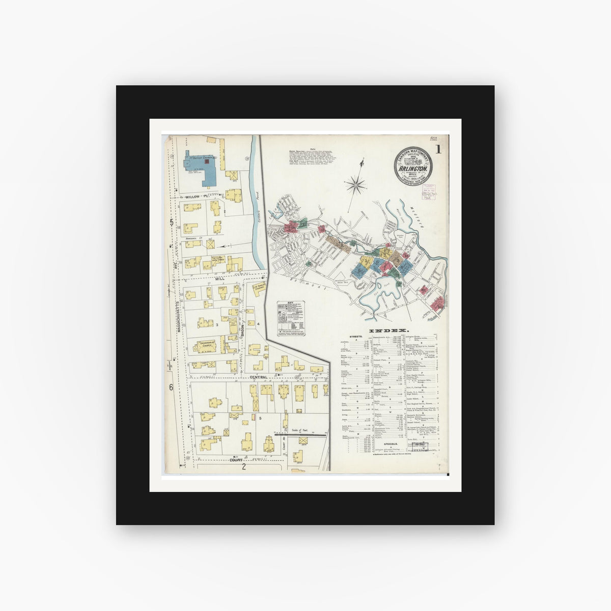 Old map wall art mockup — black gallery frame with white mat — Sanborn Fire Insurance Map from Arlington, Middlesex County, Massachusetts (1903) - Complete Map Set