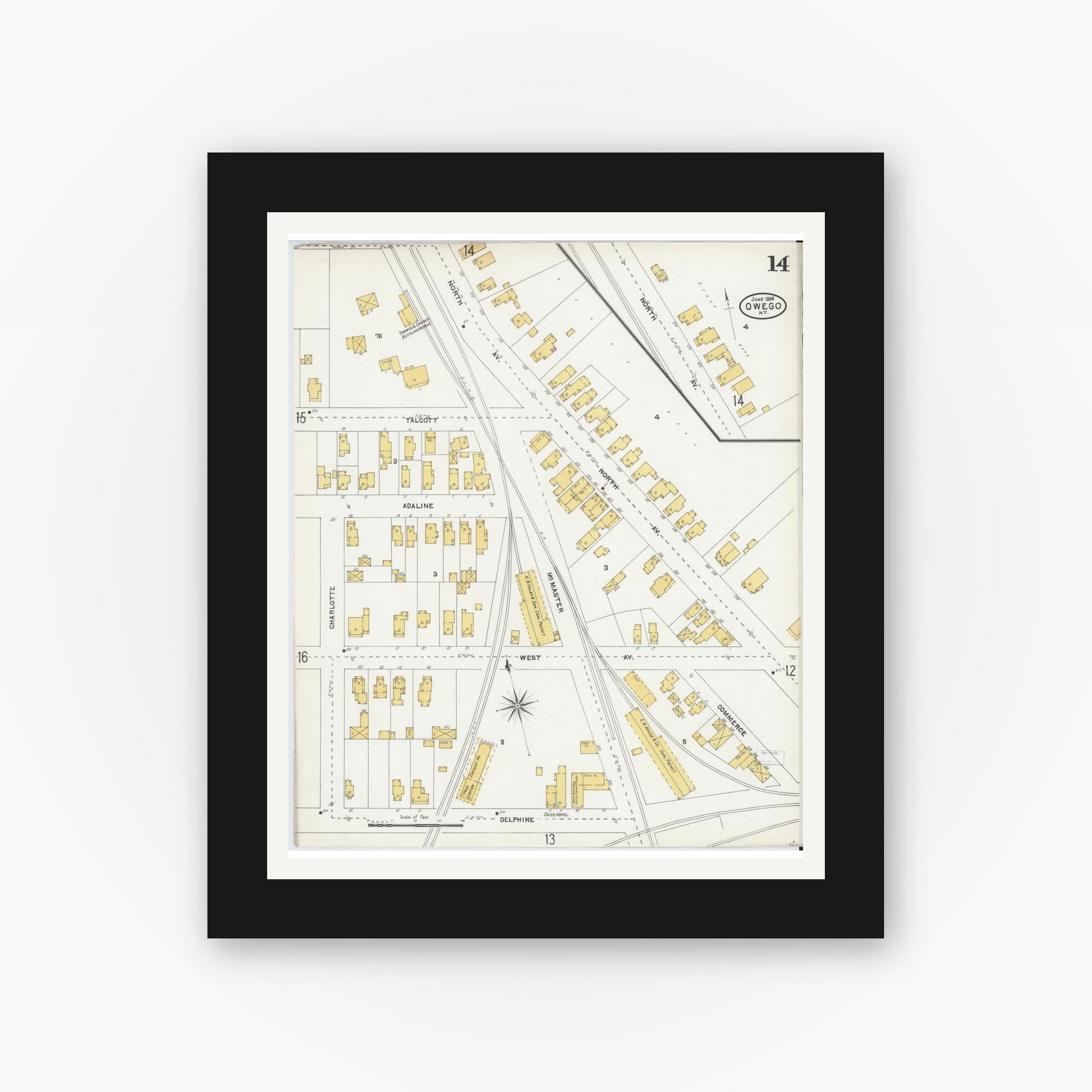 Old map wall art mockup — black gallery frame with white mat — Sanborn Fire Insurance Map from Owego, Tioga County, New York (1904), Sheet #0014