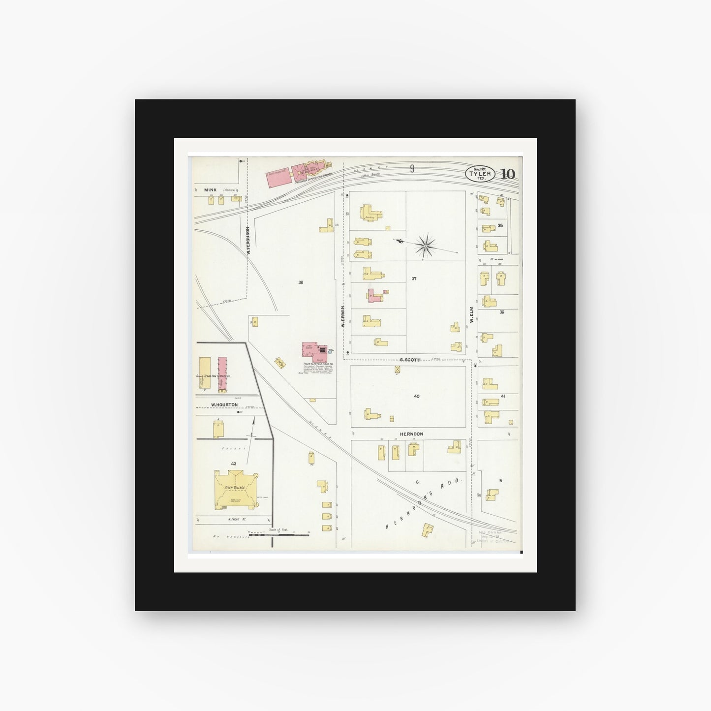 Old map wall art mockup — black gallery frame with white mat — Sanborn Fire Insurance Map from Tyler, Smith County, Texas (1902), Sheet #0010