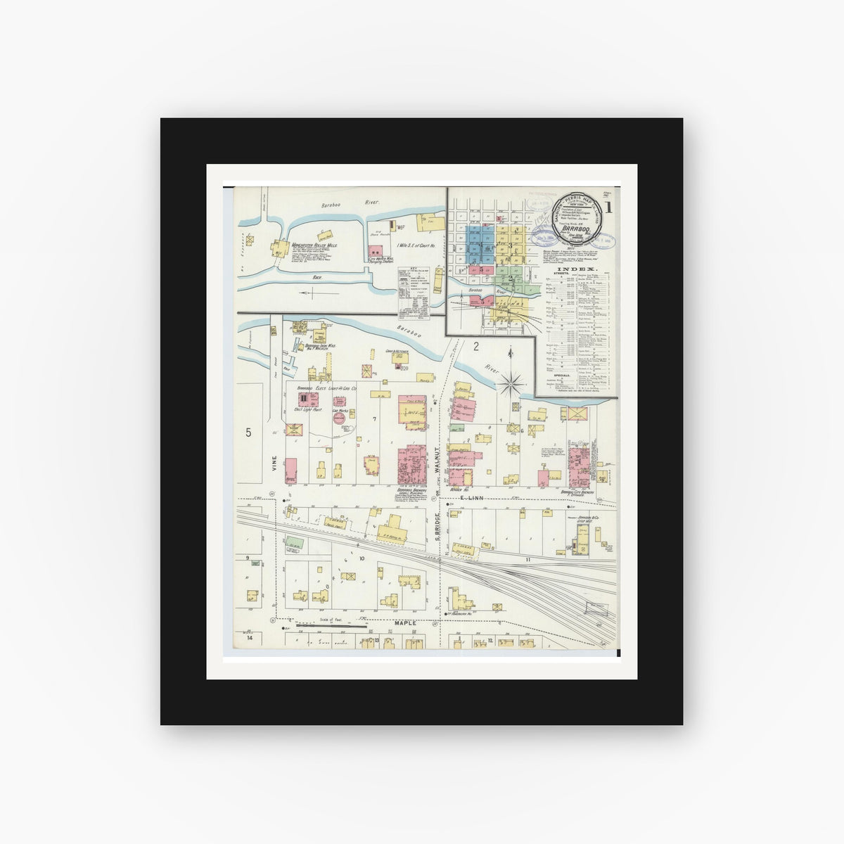Old map wall art mockup — black gallery frame with white mat — Sanborn Fire Insurance Map from Baraboo, Sauk County, Wisconsin (1898), Sheet #0001