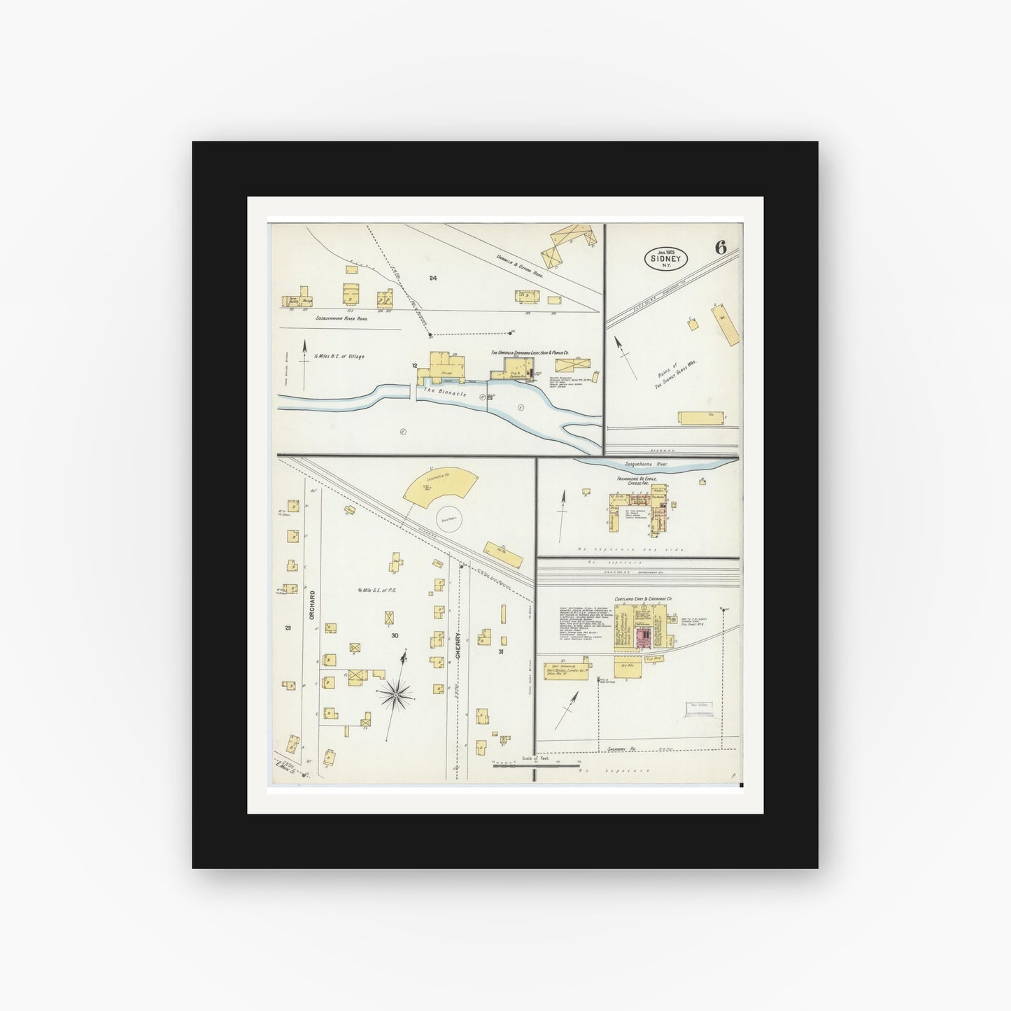 Old map wall art mockup — black gallery frame with white mat — Sanborn Fire Insurance Map from Sidney, Delaware County, New York (1903), Sheet #0006