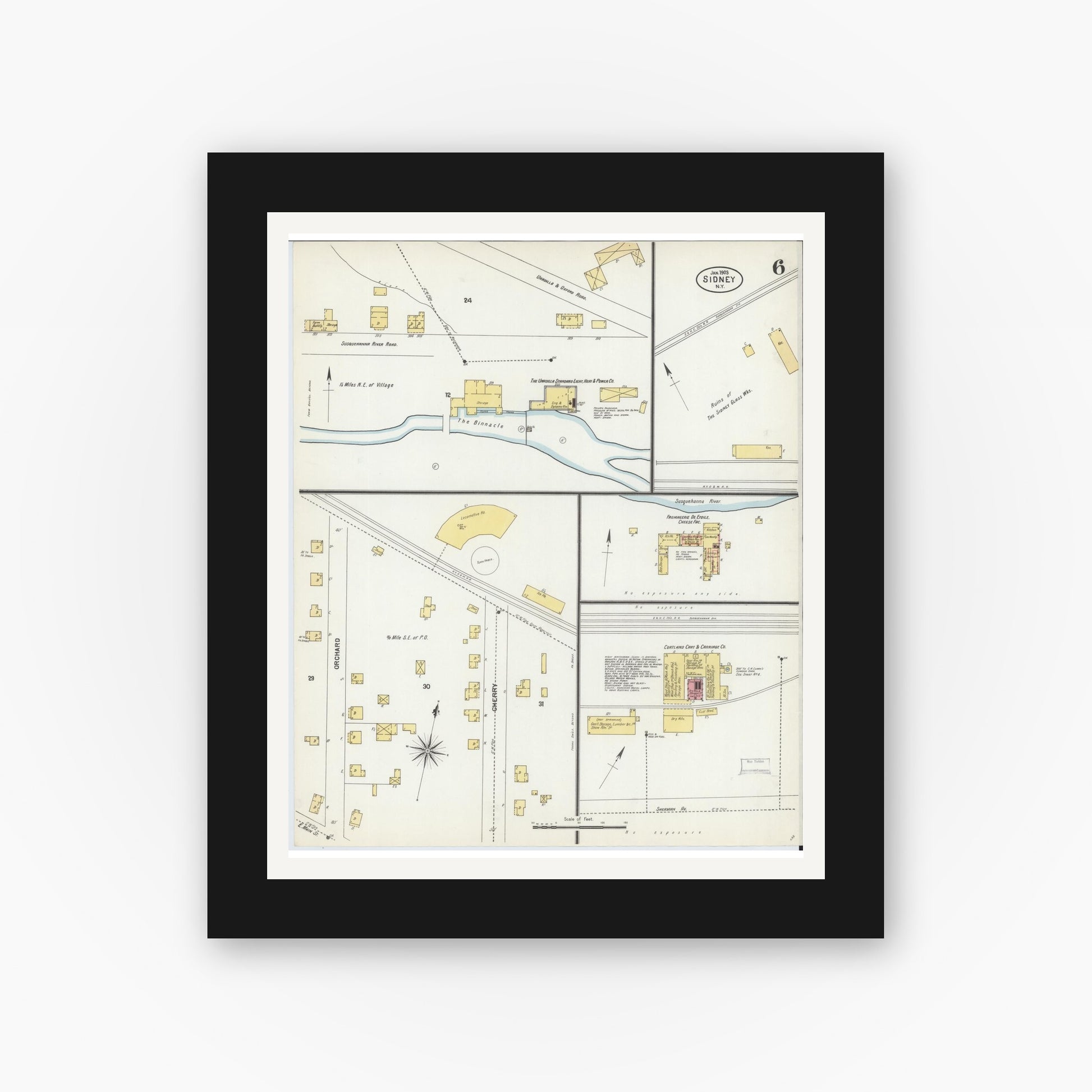 Old map wall art mockup — black gallery frame with white mat — Sanborn Fire Insurance Map from Sidney, Delaware County, New York (1903), Sheet #0006