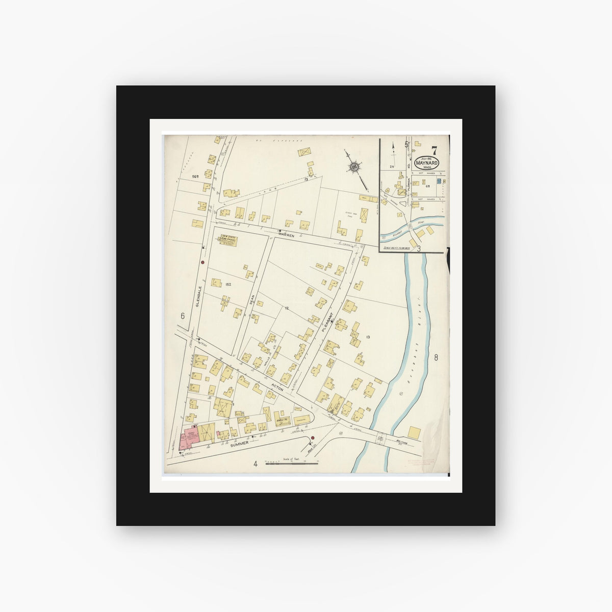 Old map wall art mockup — black gallery frame with white mat — Sanborn Fire Insurance Map from Maynard, Middlesex County, Massachusetts (1915), Sheet #0007