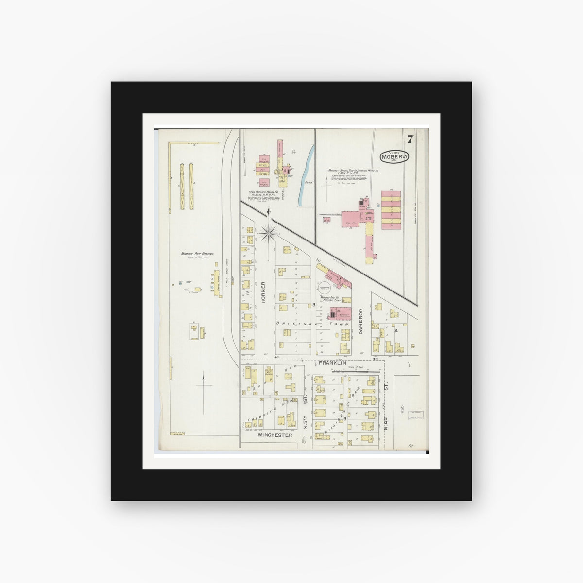 Old map wall art mockup — black gallery frame with white mat — Sanborn Fire Insurance Map from Moberly, Randolph County, Missouri (1893), Sheet #0007