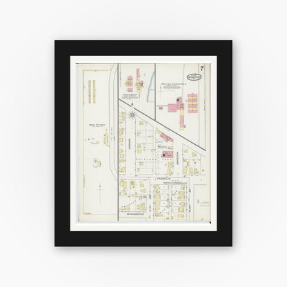 Old map wall art mockup — black gallery frame with white mat — Sanborn Fire Insurance Map from Moberly, Randolph County, Missouri (1893), Sheet #0007