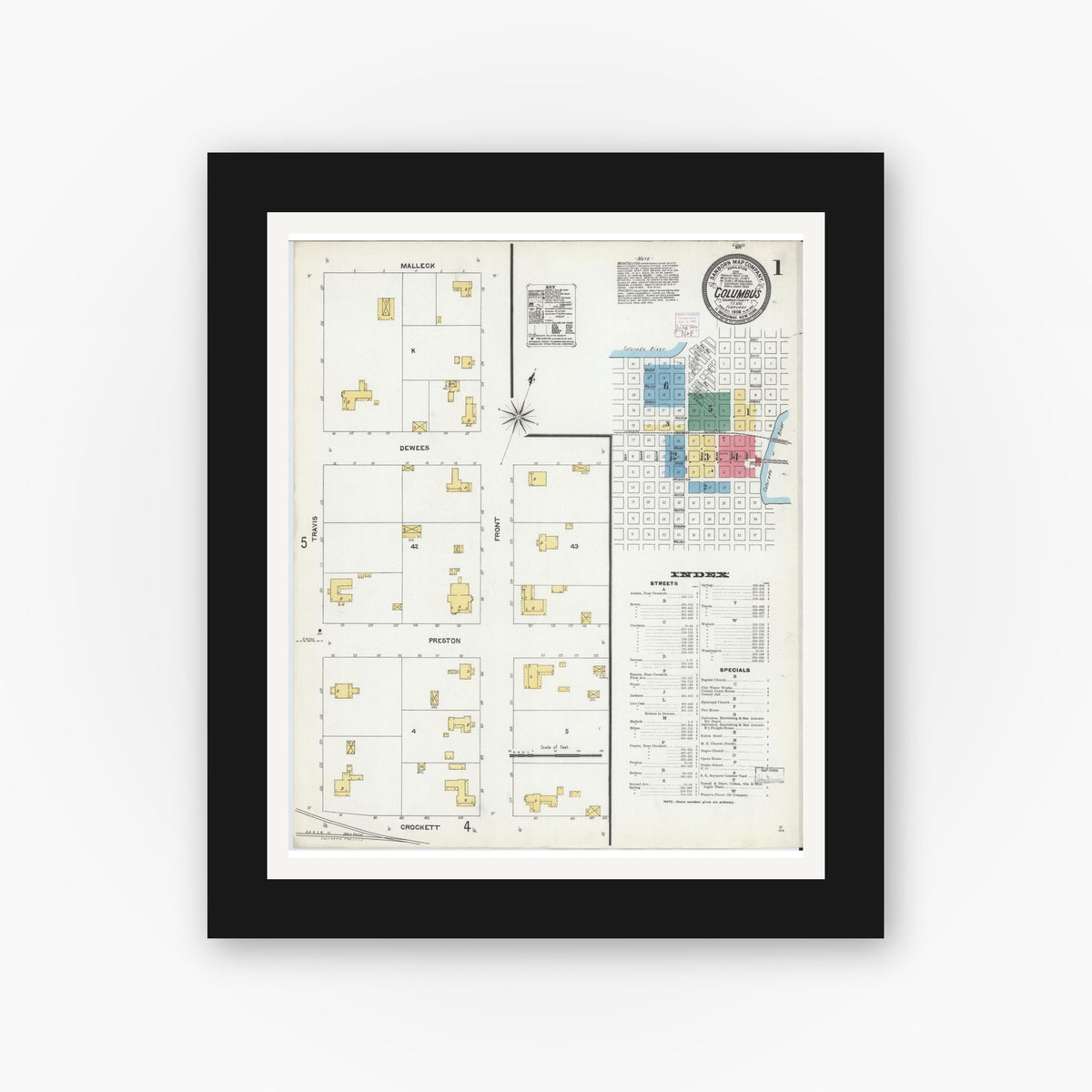 Old map wall art mockup — black gallery frame with white mat — Sanborn Fire Insurance Map from Columbus, Colorado County, Texas (1906) - Complete Map Set