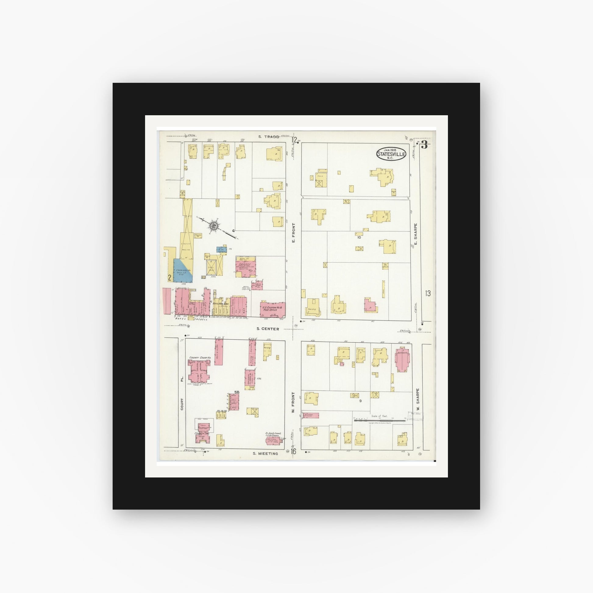 Old map wall art mockup — black gallery frame with white mat — Sanborn Fire Insurance Map from Statesville, Iredell County, North Carolina (1918), Sheet #0003